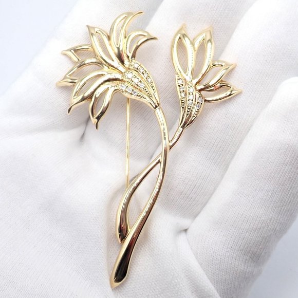 Rare! Vintage Mikimoto 18k Yellow Gold Diamond Large Double Flower Brooch - Picture 6 of 10